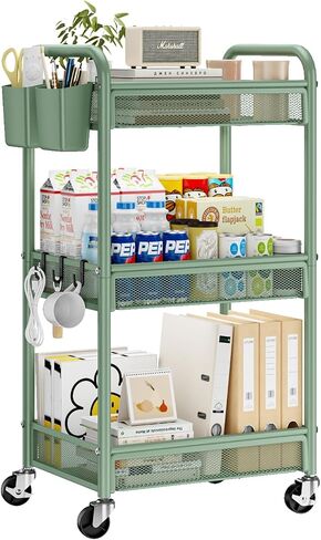 عربة Yasonic 3 Tier Rolling Cart - عربة تخزين المعادن مع عجلات ، منظم عربة حرفية مع أكواب معلقة ، والسنانير ، سلة شبكية لفن مكتب المطبخ بجانب السرير ، الأسود in Kuwait