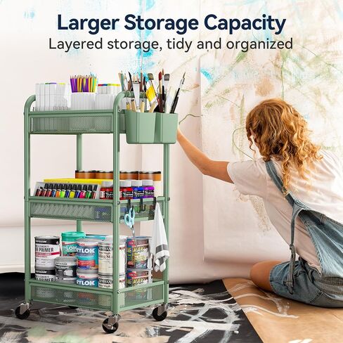 عربة Yasonic 3 Tier Rolling Cart - عربة تخزين المعادن مع عجلات ، منظم عربة حرفية مع أكواب معلقة ، والسنانير ، سلة شبكية لفن مكتب المطبخ بجانب السرير ، الأسود in Kuwait