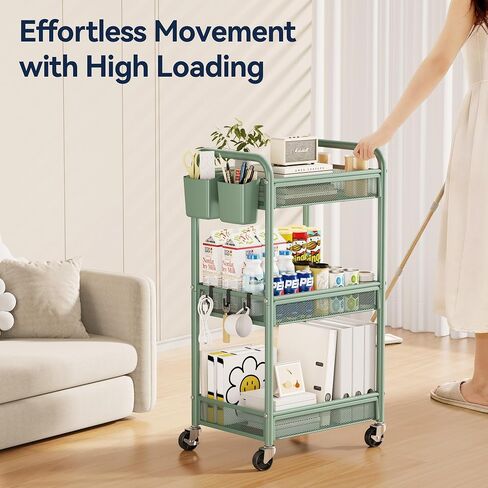 عربة Yasonic 3 Tier Rolling Cart - عربة تخزين المعادن مع عجلات ، منظم عربة حرفية مع أكواب معلقة ، والسنانير ، سلة شبكية لفن مكتب المطبخ بجانب السرير ، الأسود in Kuwait