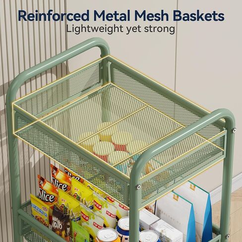 عربة Yasonic 3 Tier Rolling Cart - عربة تخزين المعادن مع عجلات ، منظم عربة حرفية مع أكواب معلقة ، والسنانير ، سلة شبكية لفن مكتب المطبخ بجانب السرير ، الأسود in Kuwait
