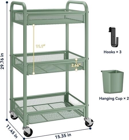 عربة Yasonic 3 Tier Rolling Cart - عربة تخزين المعادن مع عجلات ، منظم عربة حرفية مع أكواب معلقة ، والسنانير ، سلة شبكية لفن مكتب المطبخ بجانب السرير ، الأسود in Kuwait