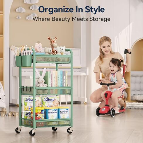 عربة Yasonic 3 Tier Rolling Cart - عربة تخزين المعادن مع عجلات ، منظم عربة حرفية مع أكواب معلقة ، والسنانير ، سلة شبكية لفن مكتب المطبخ بجانب السرير ، الأسود in Kuwait