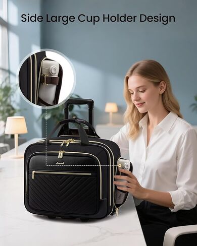 LOVEVOOK Rolling Laptop Bag Women, 17.3 Inch Laptop Briefcase with Wheels, Soft Sided Underseat Carry On Luggage Personal Item Suitcase for Work Travel Business, Black Brown in Saudi Arabia