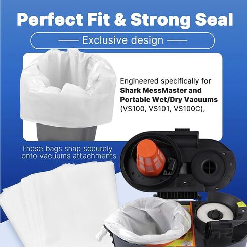 50-Pack Trash Bag Replacement for Shark MessMaster - Plastic Vacuum Bags Compatible with Shark VS100, VS101, VS100C Portable Wet/Dry Vacs in Kuwait