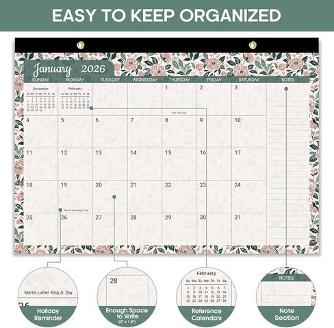 Desk Calendar 2025-2026, 18 Months Calendar Runs until Dec 2026 - Large 17" x 12" Desktop/Wall Monthly Calendar for Home School, or Office - Vintage Floral in Saudi Arabia