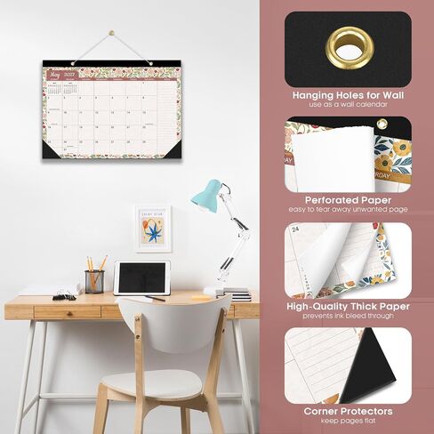 Desk Calendar 2025-2026, 18 Months Calendar Runs until Dec 2026 - Large 17" x 12" Desktop/Wall Monthly Calendar for Home School, or Office - Vintage Floral in Saudi Arabia