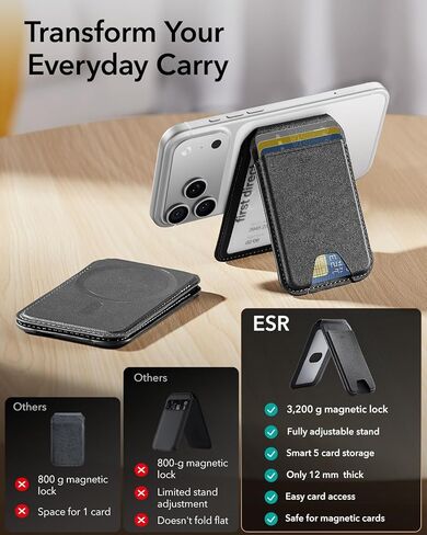 ESR for MagSafe Wallet, 5 Card-Holder, Magnetic Wallet with Adjustable Stand, Magnetic Wallet for iPhone 16/15/14/13/12 Series, Ultra-Slim, Not for iPhone Mini, Vegan Leather, Black in Saudi Arabia