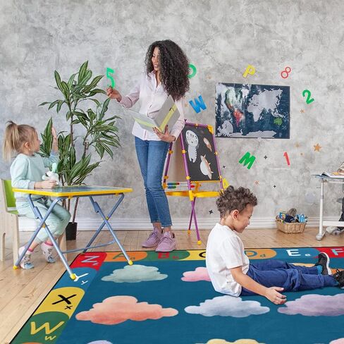 AQQA Kids Carpet Fun Playmat منطقة تعليمية سجادة ، 5 × 7 قدم بقع ملونة ، سجاد فصول دراسية قابلة للغسل ، سجاد كبير منخفض السجاد في غرفة نوم الأطفال ، فصل دراسي ، حضانة ، مقاعد سوداء 12 in Saudi Arabia
