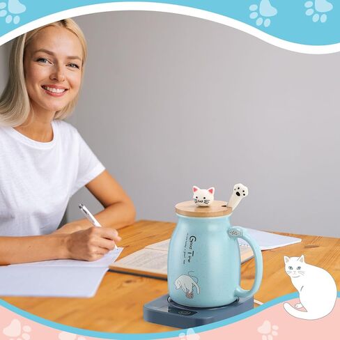 Coffee Cup Warmer with Cat Mug for Women Ceramic Cat Mug Electric Coffee Mug Heater Cute Cat Smart Tea Beverage Cup Warmer for Cat Lovers Christmas New Year Birthday Gift (Blue) in Kuwait