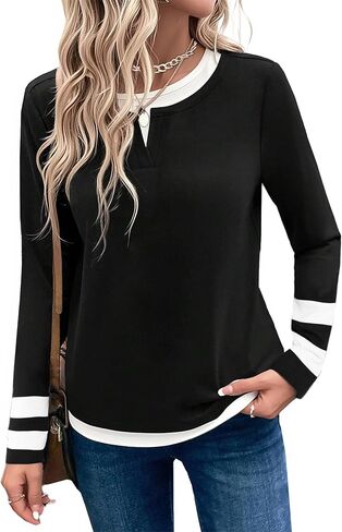 LilyCoco Womens Long Sleeve T Shirt Crewneck Color Block Casual Shirts in Kuwait