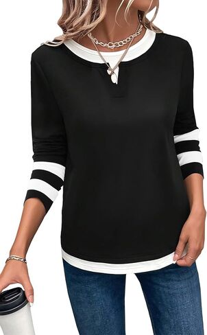 LilyCoco Womens Long Sleeve T Shirt Crewneck Color Block Casual Shirts in Kuwait