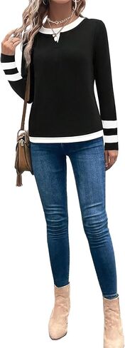 LilyCoco Womens Long Sleeve T Shirt Crewneck Color Block Casual Shirts in Kuwait