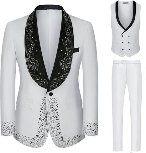 Mens Luxury 3 Pieces Suit with Rhinestone Slim Fit Shawl Lapel Blazer Jacket Vest Pants Set for Prom,Party,Dinner in Kuwait
