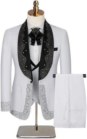 Mens Luxury 3 Pieces Suit with Rhinestone Slim Fit Shawl Lapel Blazer Jacket Vest Pants Set for Prom,Party,Dinner in Kuwait
