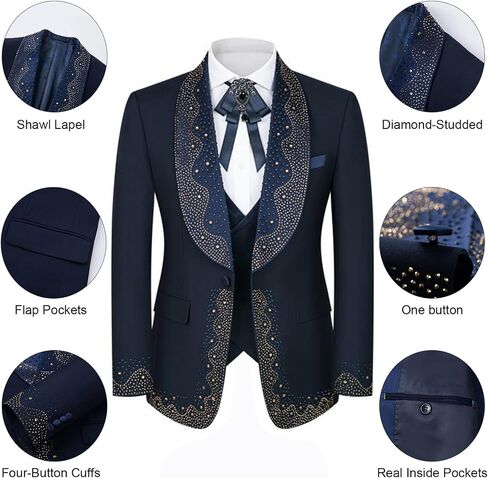 Mens Luxury 3 Pieces Suit with Rhinestone Slim Fit Shawl Lapel Blazer Jacket Vest Pants Set for Prom,Party,Dinner in Kuwait