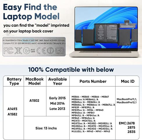 بطارية كمبيوتر محمول بديلة 8000 مللي أمبير A1466 لجهاز MacBook Air 13 بوصة A1466 (منتصف 2012، منتصف 2013، أوائل 2014، أوائل 2015،2017) A1369 (أواخر 2010، إصدار منتصف 2011) A1496 A1405 A1377 (EMC: 2925، 2469، 2559، 2392) in Kuwait