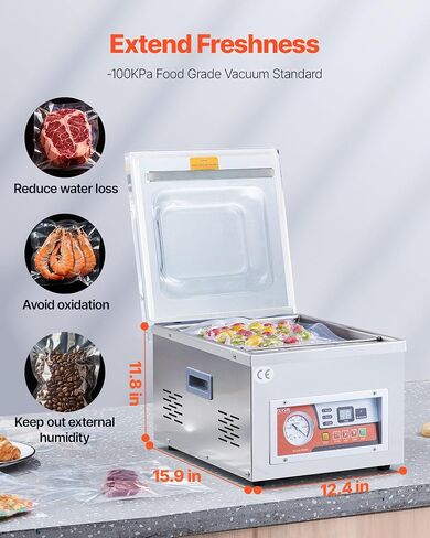 VEVOR Chamber Vacuum Sealer، قوة مضخة تفريغ 380 وات، آلة تعبئة الفراغ للأطعمة الرطبة واللحوم، تصميم مدمج بطول إغلاق 11.5 بوصة، مانع تسرب فراغ تجاري مثالي للاستخدام الاحترافي والمنزلي in Kuwait