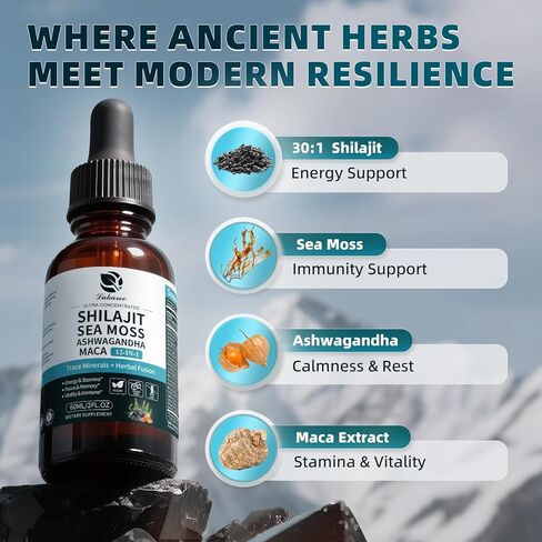 Shilajit Liquid Drops, 12-in-1 Complex - Sea Moss, Ashwagandha, Maca, Fulvic Acid, Trace Minerals, Liquid Vitamins Supplement for Men and Women, Energy, Antioxidant, Immune Support, 60ML/2 FL Oz in Kuwait