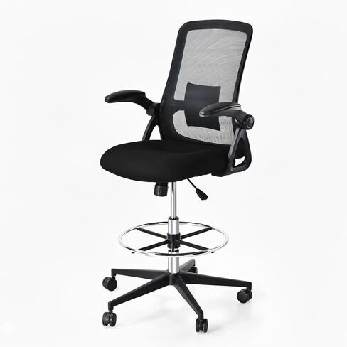 Drafting Chair Mesh Tall Office Chair Barstool Height Office Ergonomic Computer Standing Desk Chair Swivel Work Height Adjustable Task Chair with Foot Ring Comfortable Armrests in Kuwait