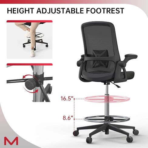 Drafting Chair Mesh Tall Office Chair Barstool Height Office Ergonomic Computer Standing Desk Chair Swivel Work Height Adjustable Task Chair with Foot Ring Comfortable Armrests in Kuwait