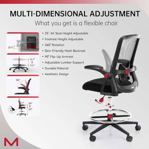Drafting Chair Mesh Tall Office Chair Barstool Height Office Ergonomic Computer Standing Desk Chair Swivel Work Height Adjustable Task Chair with Foot Ring Comfortable Armrests in Kuwait