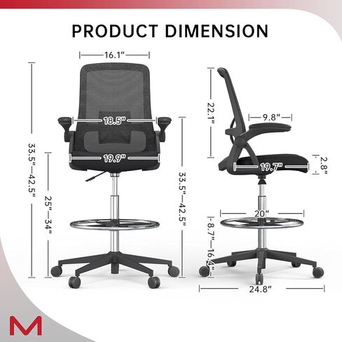 Drafting Chair Mesh Tall Office Chair Barstool Height Office Ergonomic Computer Standing Desk Chair Swivel Work Height Adjustable Task Chair with Foot Ring Comfortable Armrests in Kuwait