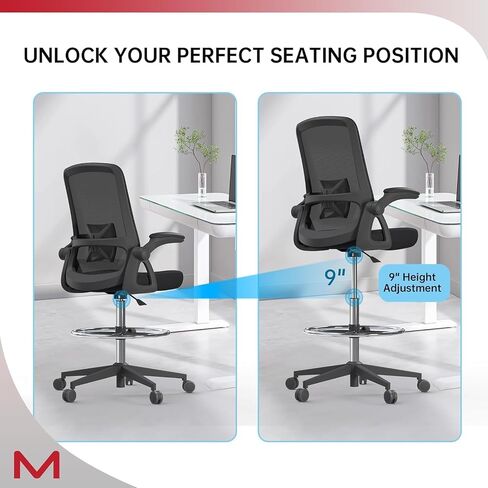 Drafting Chair Mesh Tall Office Chair Barstool Height Office Ergonomic Computer Standing Desk Chair Swivel Work Height Adjustable Task Chair with Foot Ring Comfortable Armrests in Kuwait