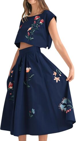 Women Floral Embroidery Dress Sleeveless 2 Piece Tank Top and Skirt Loose Fit Boho Dress in Saudi Arabia