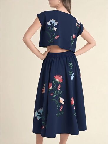 Women Floral Embroidery Dress Sleeveless 2 Piece Tank Top and Skirt Loose Fit Boho Dress in Saudi Arabia