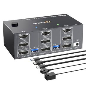 HDMI+2DISPLAYPORT KVM SWITCH 3 شاشات 3 أجهزة كمبيوتر 8K@60Hz 4K@144Hz ، Triple Monitor KVM Switchs مع 4 منفذ USB3.0 لأجهزة USB ، ومضمّن عن بُعد ، محول الطاقة ، كابلات USB. in Kuwait