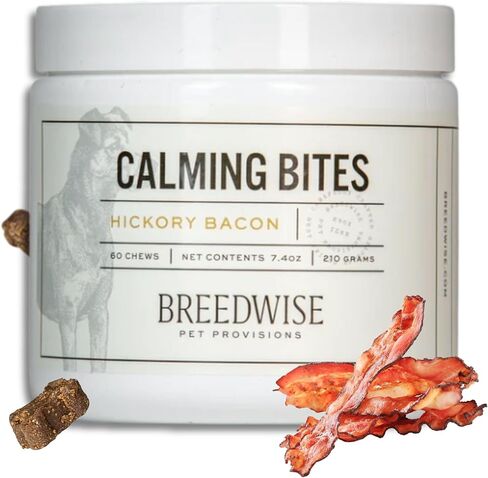 لدغات مهدئة من Breedwise للقلق والإجهاد الطبيعي بالكامل وتقليل التوتر بنكهة لحم الخنزير المقدد الهيكوري للكلاب، جرة عدد 100 in Kuwait