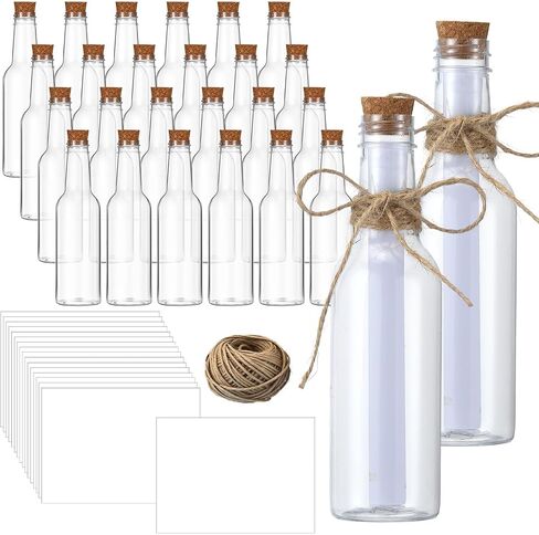 Baderke 24 Pcs 5.6 oz Message Bottles with 50 Sheets Vintage Design Paper Plastic Bottles & Corks Twines for Message Invitations Birthday Wedding Baby Shower DIY Crafts Gift Party Favors in Saudi Arabia