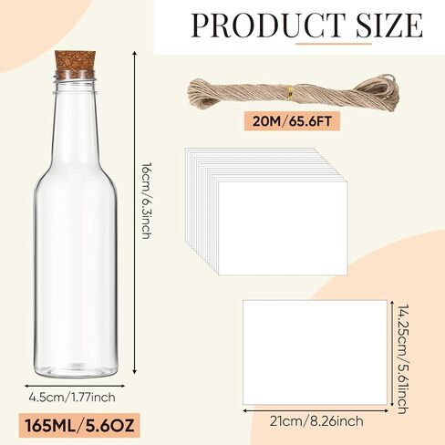Baderke 24 Pcs 5.6 oz Message Bottles with 50 Sheets Vintage Design Paper Plastic Bottles & Corks Twines for Message Invitations Birthday Wedding Baby Shower DIY Crafts Gift Party Favors in Saudi Arabia