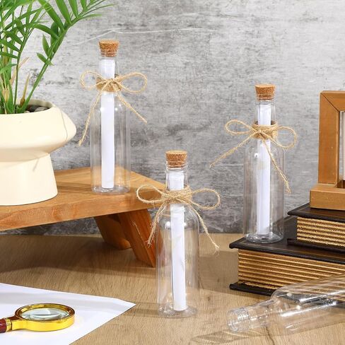 Baderke 24 Pcs 5.6 oz Message Bottles with 50 Sheets Vintage Design Paper Plastic Bottles & Corks Twines for Message Invitations Birthday Wedding Baby Shower DIY Crafts Gift Party Favors in Saudi Arabia
