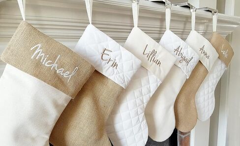 Handmade Personalized Christmas Stocking in Natural Burlap, Ivory Quilted and Natural Cotton. Custom with Name or Blank (Natural Burlap Base w/Natural Cotton Top) in Saudi Arabia