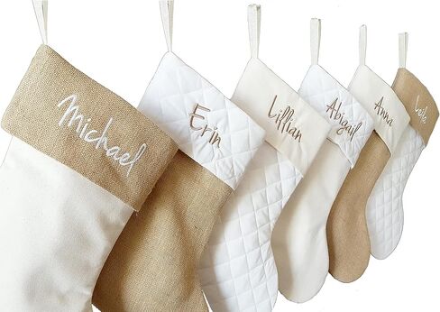 Handmade Personalized Christmas Stocking in Natural Burlap, Ivory Quilted and Natural Cotton. Custom with Name or Blank (Natural Burlap Base w/Natural Cotton Top) in Saudi Arabia