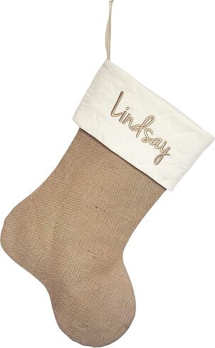 Handmade Personalized Christmas Stocking in Natural Burlap, Ivory Quilted and Natural Cotton. Custom with Name or Blank (Natural Burlap Base w/Natural Cotton Top) in Saudi Arabia