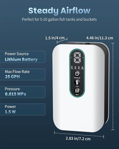 Pawfly Aquarium Air Pump, Rechargeable Battery Oxygen Pump for 5-20 Gallon Fish Tank Bucket, Portable Live Bait Aerator for Fish, Adjustable Fish Tank Air Pump for Outdoor Fishing and Fish Transport in Kuwait