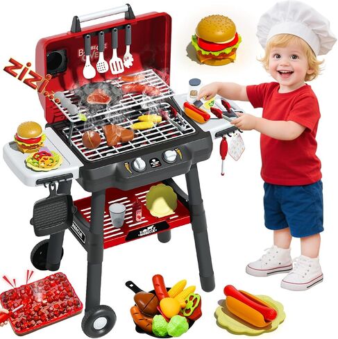 Kid Toy Grill, BBQ Grill Playset with Light Sound, Smoke Effect and 2 Wheels, Pretend Food, Little Chef Play Kitchen Accessories, Birthday for Boys Girls Ages 3 4 5 6 7 8 in Saudi Arabia