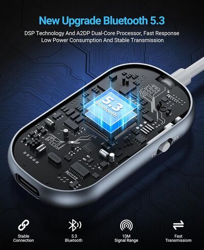 جهاز استقبال جهاز الإرسال Bluetooth ، 3.5 مم إلى Bluetooth 5.3 جهاز إرسال ، محول طائرة 2 في 1 للسماعات الرأس ، التلفزيون ، الطائرات ، ستيريو المنزل ، مكبرات صوت ، سماعة رأس ، سيارة ، اتصال مزدوج in Kuwait