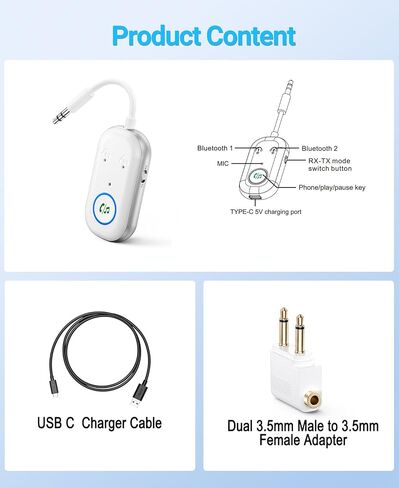جهاز استقبال جهاز الإرسال Bluetooth ، 3.5 مم إلى Bluetooth 5.3 جهاز إرسال ، محول طائرة 2 في 1 للسماعات الرأس ، التلفزيون ، الطائرات ، ستيريو المنزل ، مكبرات صوت ، سماعة رأس ، سيارة ، اتصال مزدوج in Kuwait