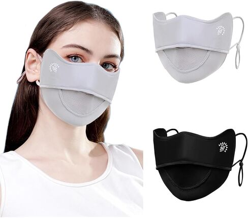 2pcs قناع الوجه UV ، أقنعة الشمس للنساء ، تبريد غطاء الوجه للتنفس للرياضة في الهواء الطلق ، قابلة لإعادة الاستخدام (الوردي+رمادي) in Kuwait