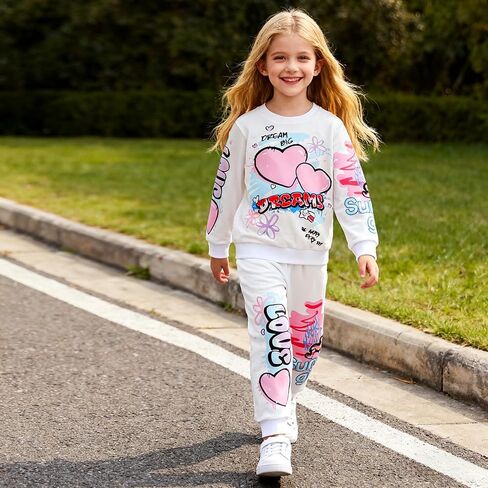Kids Toddler Girl Clothes Heart Letter Print Long-sleeved round collar top+Letter Print Pants Outfits Set in Saudi Arabia