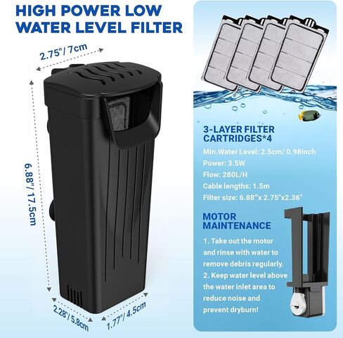 GOZILLA Turtle Tank Filter 74GPH, Low Water Level Turtle Tank 3.5W Fish Tank Aquarium Filters for Small Tanks up to 15 Gallons Include 4 Replacement Cartridges.(Black) in Kuwait