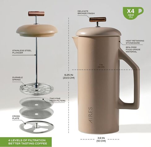 Aires Ceramic French Press Coffee Maker-34 أوقية حجرية محاكمة للحرارة-لون محايد أنيق-مستوحى من ثقافة القهوة بوينس آيرس-جاهزة للهدية مع دليل باريستا تخمير in Kuwait