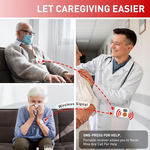 CallToU Wireless Caregiver Pager Call Button for Elderly at Home Monitoring with Vibration Call Bell Medical Alert System with Digital Display Low Power Reminder 2 Portable Receiver 2 SOS Call Button in Kuwait