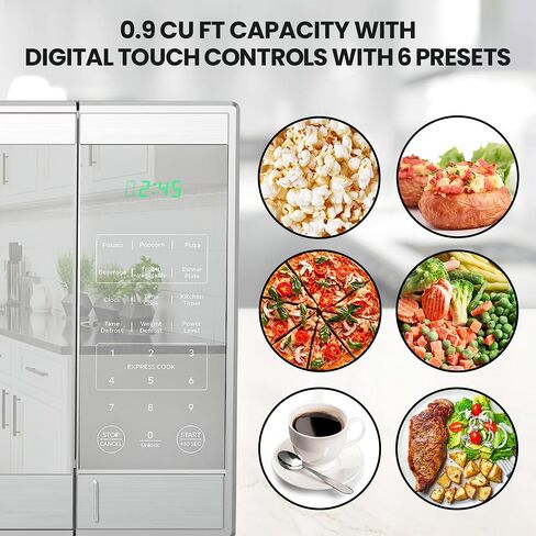 Total Chef Compact Countertop Microwave Oven, 1100W, 1.3 Cubic Feet Capacity, Digital Touchscreen Controls, One-Touch Push-Button Opening, 6 Pre-Set Cooking Modes, Silver Stainless Steel in Saudi Arabia