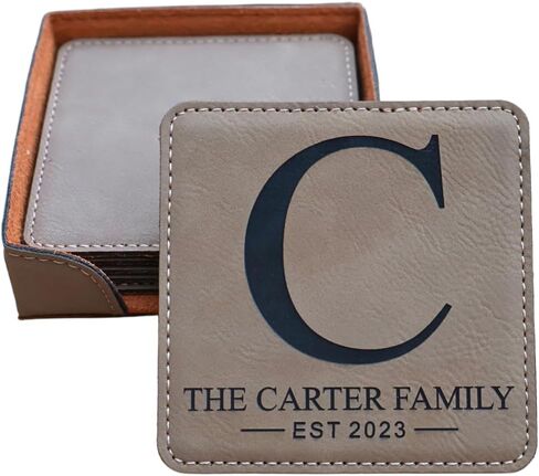 Custom Square Engraved Coasters, Personalized Leather Coaster, Set of 6 Drink Coasters with Holder, Laser Engraved Baware, Gift for Couples (Black/Gold) in Kuwait