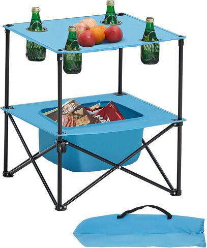 VEVOR Folding Camping Table, Portable Outdoor Lightweight Picnic Table, 600D Oxford Fabric Waterproof Canvas Travel Beach Tables, with 4 Cup Holders, Carry Bag, for Tailgating Camping Picnic, Black in Saudi Arabia