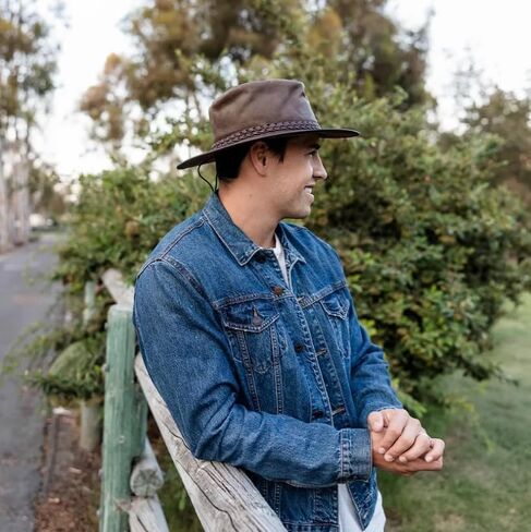 American Hat Makers Crusher Leather Australian Cowboy Outback Hat, UPF50 Wide Brim, Waterproof Oilskin, Crushable, Packable in Kuwait